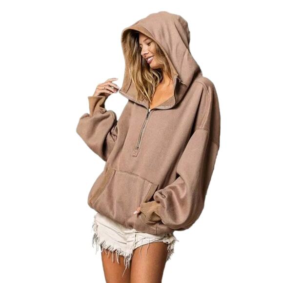 Copied - BiBi Stitch Detailed Elastic Hem Half Zip Fleece Hoodie - Picture 2 of 4